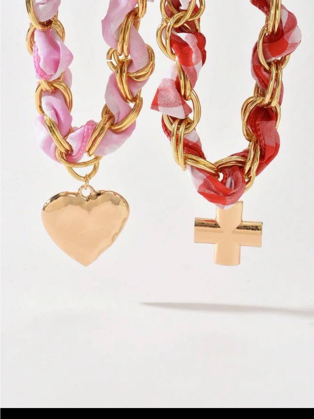 Gold-Tone Layered Heart & Cross Necklaces with Pink and Red Fabric - Picture 4 of 5